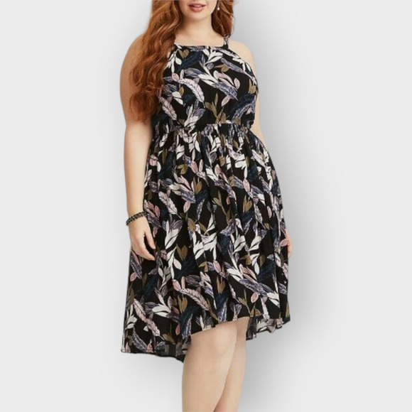 Torrid Black Palm Leaf High Neck Dress Tropical Days Sleeveless Keyhole Size 3 - Picture 1 of 11